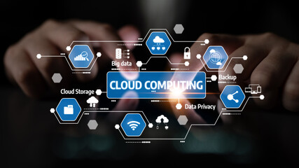 Technology and digital innovation represented through hands typing on a tablet displaying cloud computing icons, emphasizing data security, backup, and storage solutions. Tessel