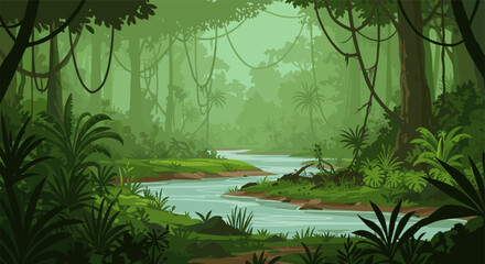Lush jungle landscape with river and dense greenery in flat design