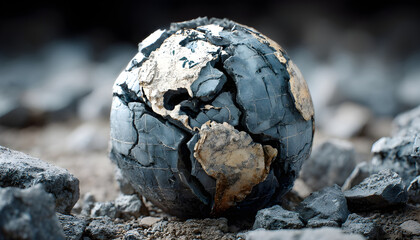 Shattered earth globe on rocks symbolizes global chaos conflict, fractured world. Climate crisis, geopolitical tension and the urgent need for global cooperation. Earth globe disaster
