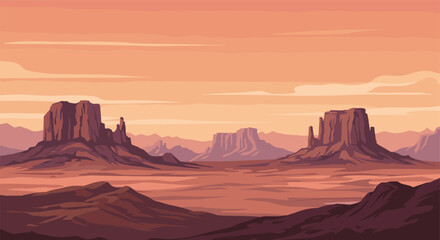 Desert landscape with red rock formations at sunset in retro style