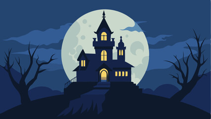 A haunting silhouette of a haunted mansion framed by a full moon conveying the atmosphere of a suspenseful horror film.