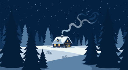 Fototapeta premium Cozy winter cabin in snowy forest night scene with stars and pine trees