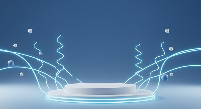 White podium with blue neon lights and floating spheres