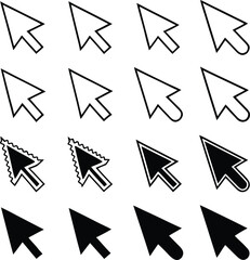Set of Cursor Arrow Icons in Different Styles – Outline, Filled, and Pixel Variations
