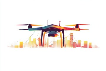 Creative advertising layout featuring a colorful aerial drone over a city skyline