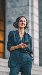 Confident businesswoman smiling, holding phone, professional and stylish look