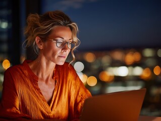 Focused businesswoman working late on laptop with city lights in background, modern office