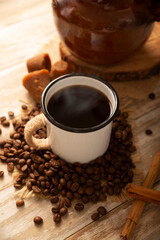 Café de olla, a traditional spiced Mexican black coffee, the recipe varies by region, with cinnamon, brown sugar, or piloncillo, and some recipes include cloves and star anise.