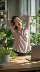 Confident businesswoman stretching, taking a mindful break in a bright, plant-filled office