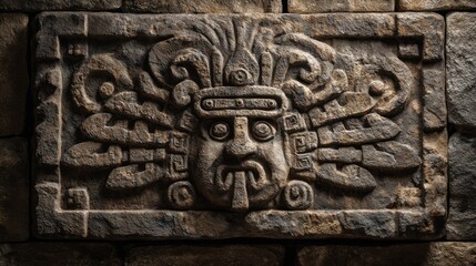 Ancient Mayan Stone Carving of a Deity with Intricate Details.