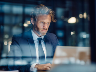 Focused businessman working late on laptop in modern office setting