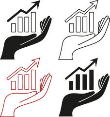 Business Growth Support Icon Set &ndash; Hand Holding Bar Chart with Upward Arrow&rdquo;
