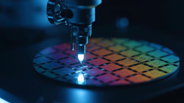Closeup of a silicon wafer with a robotic arm inspecting it under blue light, showcasing microchip manufacturing and advanced technology vector illustration