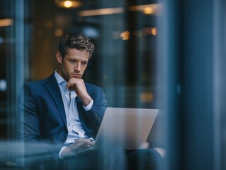 Focused businessman working on laptop in modern office, reflecting deep thought and strategy