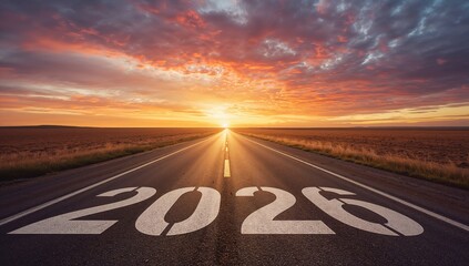 New Year 2026 Written on the Road at Sunset – A Symbol of Planning and Challenge Ahead
