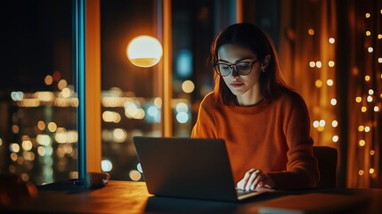 Focused businesswoman working late on laptop at night with city lights outside