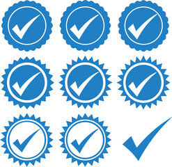 Blue Check Mark Badge Icons Set – Verified Approval and Certification Symbols