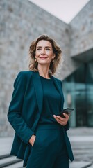 Confident businesswoman holding smartphone, looking up with a smile near modern office building