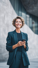 Confident professional woman smiles while holding smartphone in modern city setting