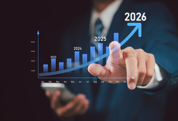 2026 business growth, new year marketing plan continue to increase return. Development to success and motivation in 2026, Planning, opportunity, challenge and business strategy in new year.