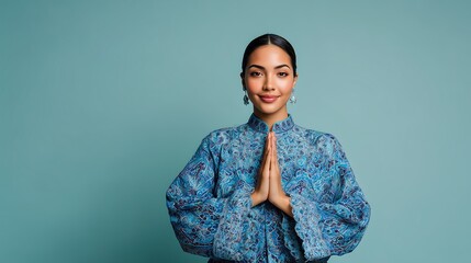 Warmly welcoming woman offers greeting with hands clasped in prayer pose