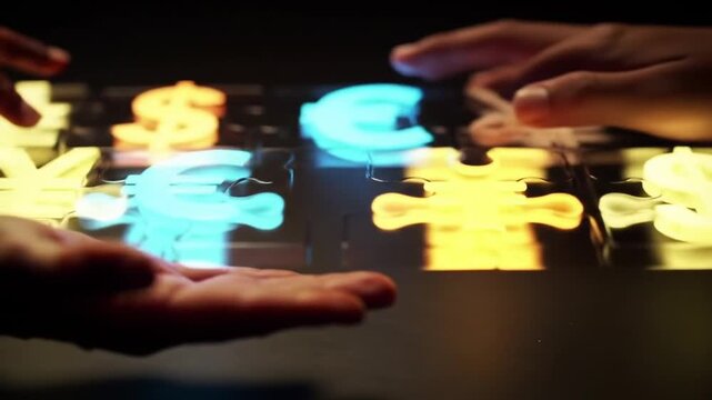 Hands assembling currency puzzle pieces, global finance concept.
