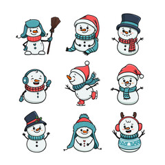 set of cartoon christmas snowmans in doodle style. Funny snowman wearing hat, scarf on white background. Xmas card. Vector illustration
