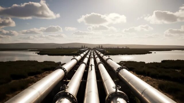 A long perspective of parallel industrial pipelines stretching across a landscape with water and marshy vegetation under a cloudy sky vector illustration