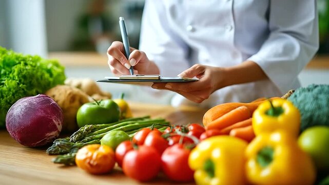 Nutrition expert organizing weekly diet plan chart with fresh produce around professional background, under gentle natural light, highlighting healthy ingredients and organized lay