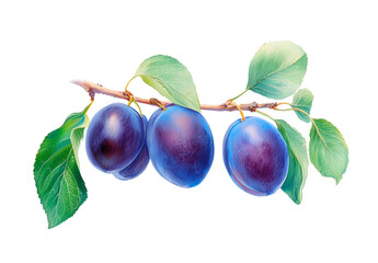 Watercolor plum branch with leaves, detailed botanical illustration, isolated on white