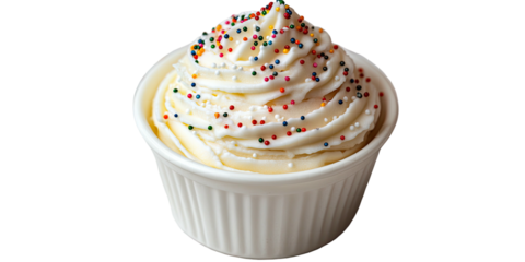 Frosted treat white ramekin filled with creamy swirl, topped with sprinkles