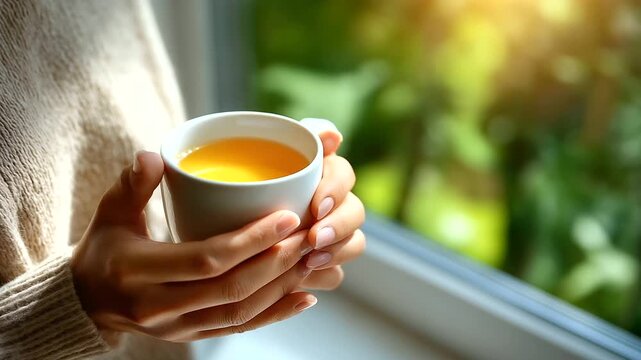 Close-up of hands holding a cup of herbal tea near a window with natural light, cozy wellness scene, under gentle natural light, highlighting soothing warmth and serene setting, se