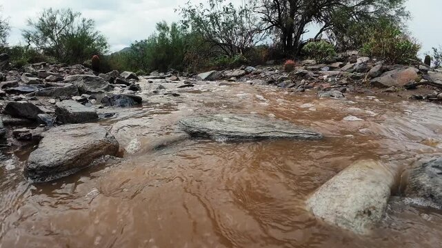 Close Up View Of Storm Water Running In Desert Wash At Gateway Trailhead In Scottsdale Arizona 