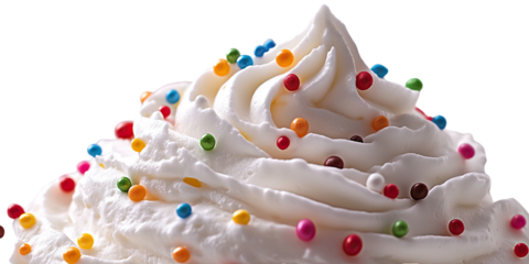 Swirled whipped topping with colorful sprinkles on black background