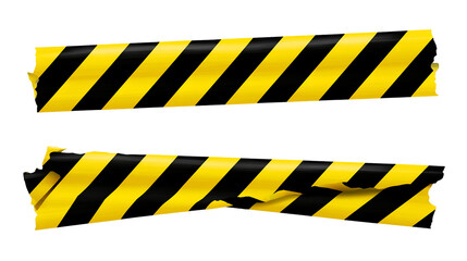 Two torn strips of yellow and black caution tape against a dark background signal warning, hazard, or restricted access.