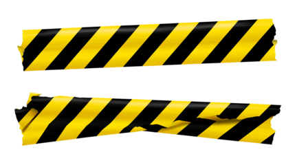 Two torn strips of yellow and black caution tape against a dark background signal warning, hazard, or restricted access.