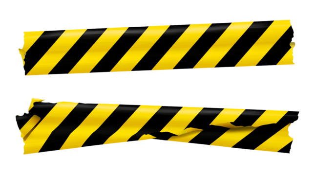 Two torn strips of yellow and black caution tape against a dark background signal warning, hazard, or restricted access.
