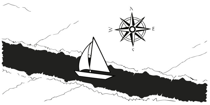 minimalist nautical scene sailboat on water with compass rose black white illustration maritime ocean sailing adventure design