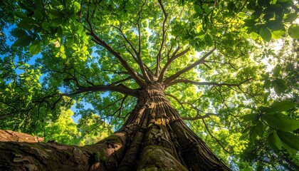 Fototapeta premium Tree, forest, nature, towering, majestic, sunlight, branches, leaves, perspective, ground, upward, sky, canopy, green, growth, wilderness, outdoors, trunk, bark, foliage, serenity, environment, height
