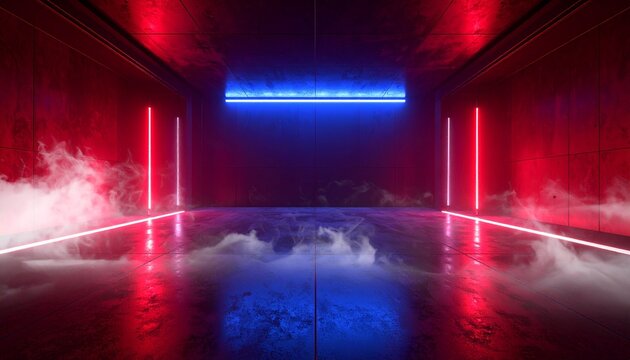 Futuristic, digital, neon, smoky, dark, empty, red environment with glowing lights, high-tech ambiance, mysterious atmosphere, cyber-inspired design, immersive setting, vibrant colors, abstract archit