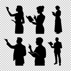 Black silhouette of a teacher standing and explaining. Great for education, learning, and classroom design projects.
