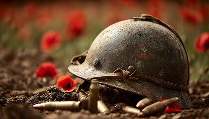 War helmet and red poppy field symbolize remembrance and tribute to veterans. Bullets, bullet shells lie on ground. Memorial photo reminds of military, war times. Honouring peace, sacrifice, history.
