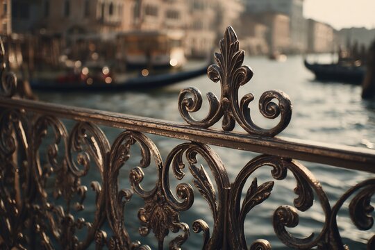 Venice italy travel photography: decorative iron railing overlooking canal and gondolas scenic european tourism
