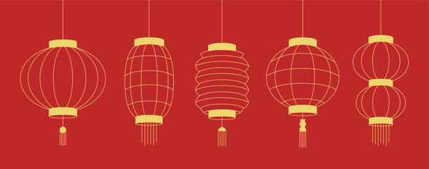 Chinese Lanterns set. Festival asian lanterns isolated on red background. Simple line style. festival lights, oriental paper lamps. Chinatown decoration. Vector illustration
