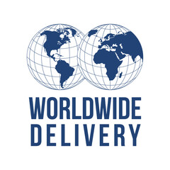 Worldwide delivery logo, emblem. World Shipping emblem with America and Europe globes. Vector illustration