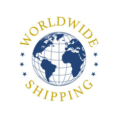 Worldwide Shipping logo, emblem. World globe stamp, icon. Vector illustration