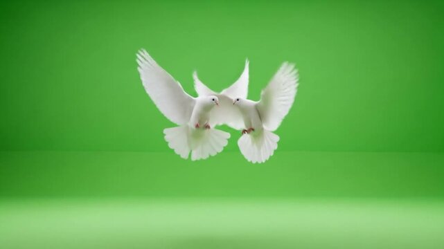 Two white doves gracefully flying together in vibrant green studio, perfect for freedom, peace, love, or chroma keying needs now
