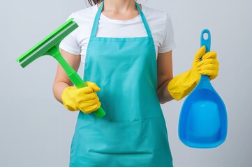 Woman in Cleaning Uniform Holding Tools – Concept of Housekeeping, Hygiene, and Domestic Work