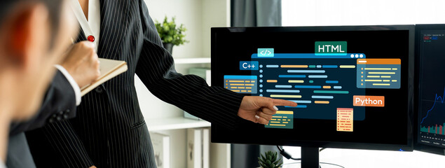Software development or programming work with coding screen of various programming languages like HTML, , , and C brisk for new application development