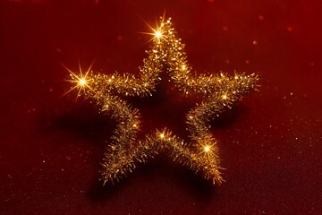 Red background, shining star made of golden tinsel and light sparkles, close-up macro